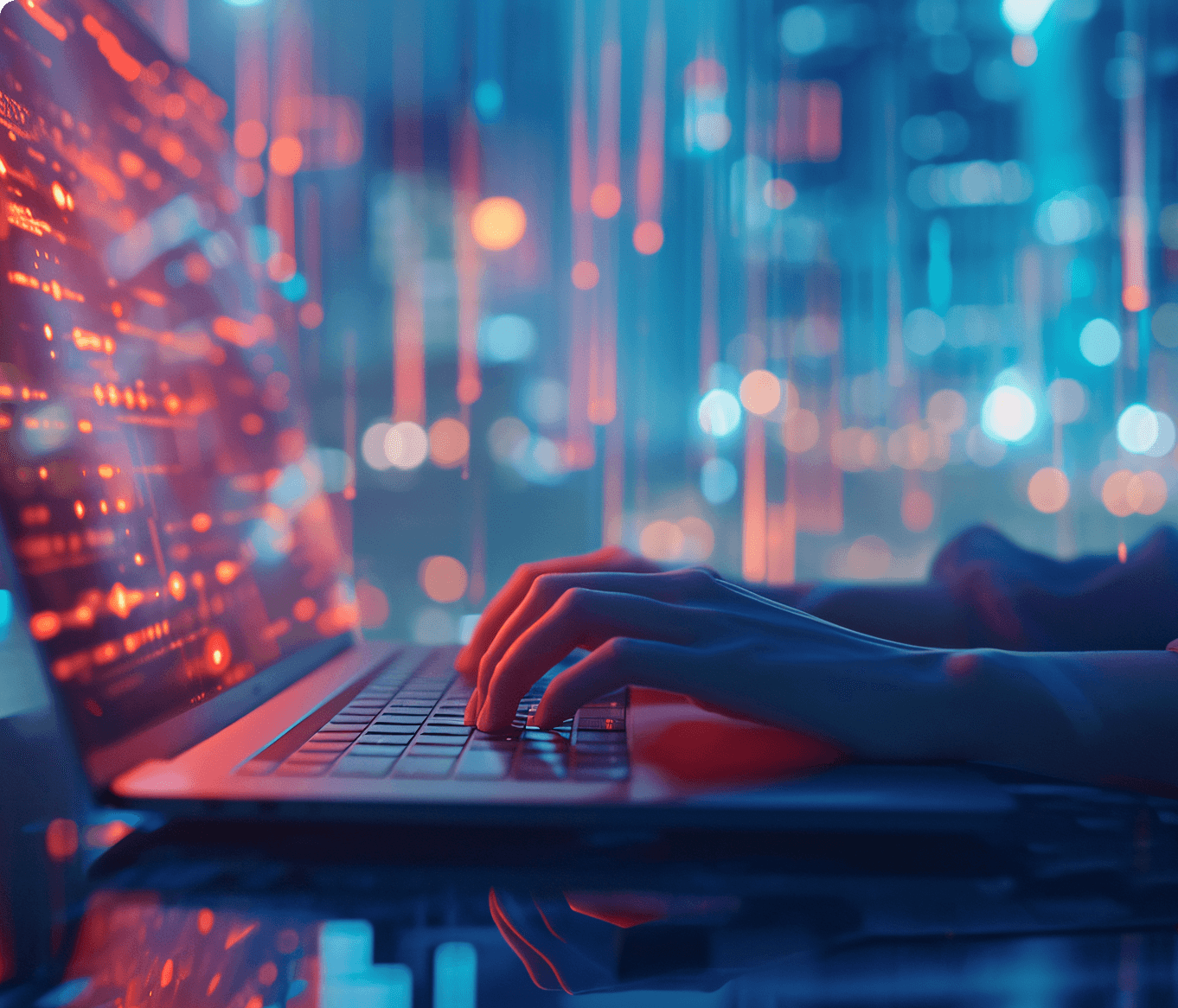 Team collaborating in front of abstract shapes